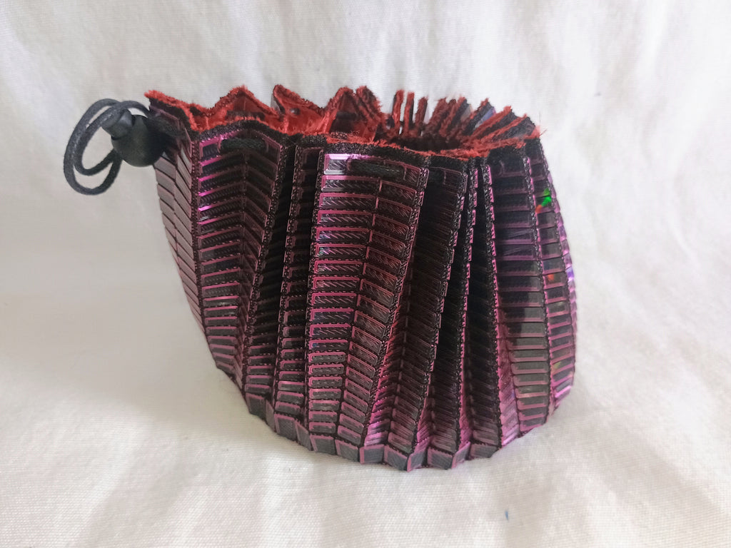 Pink and black 3d printed dice bag with red satin liner