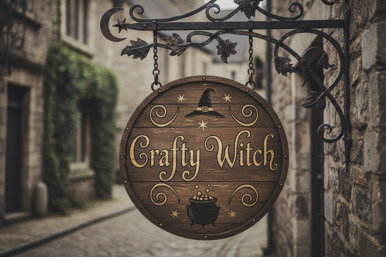 Crafty Witch round vintage hanging store sign logo